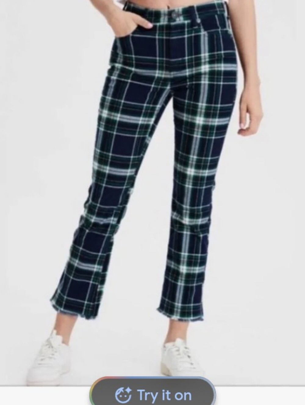 NWOT! American Eagle Blue Green Plaid Corduroy Ankle Pant 4L Raw Hem Tall
